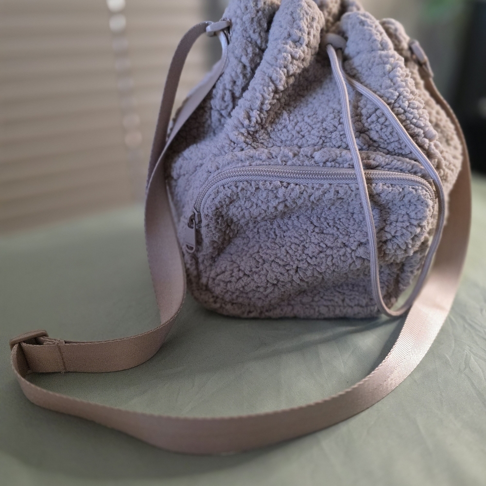 Super Fun Taupe Sherpa/teddybear Fabric Drawstring Bag